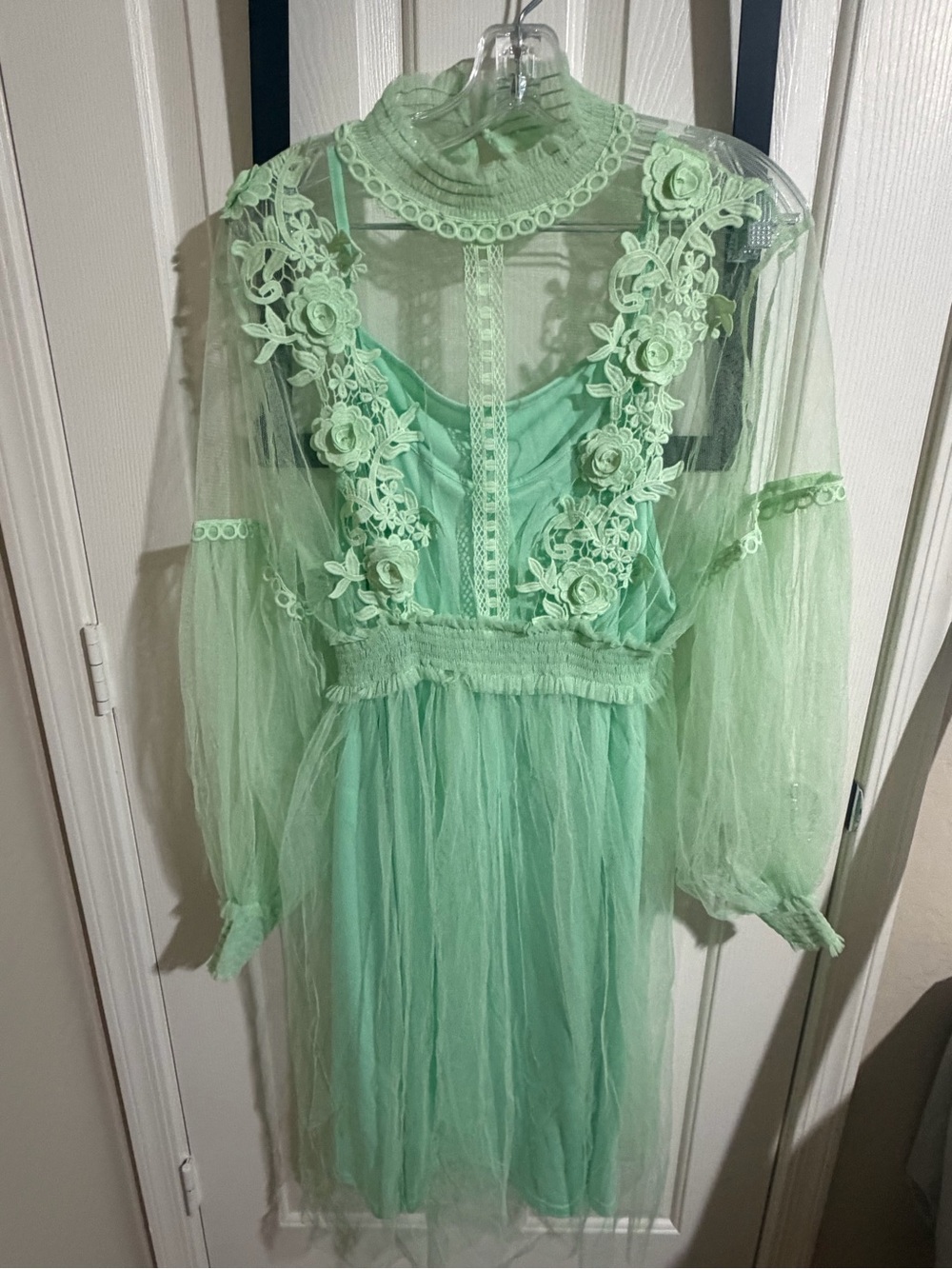 Mint Green Lace & Tulle Long Sleeve Dress with solid green inner layer dress